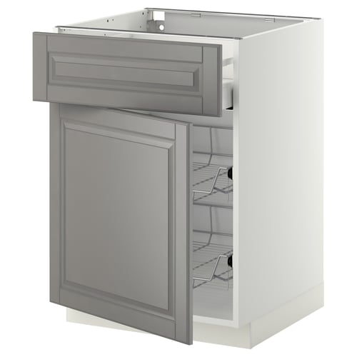 A white and grey METOD kitchen cabinet with a smooth drawer and wire baskets, featuring a traditional design with bevelled edges.