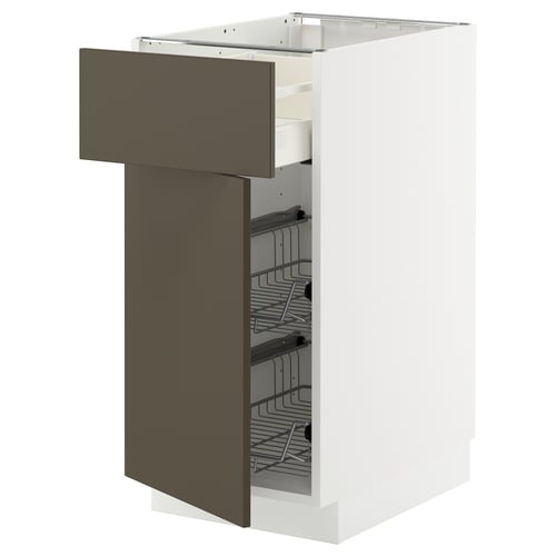 METOD kitchen unit with dark brown/beige drawer, wire baskets, sleek design.