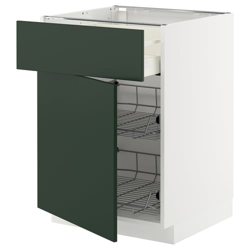 A white METOD kitchen cabinet with a green drawer and pull-out wire baskets.