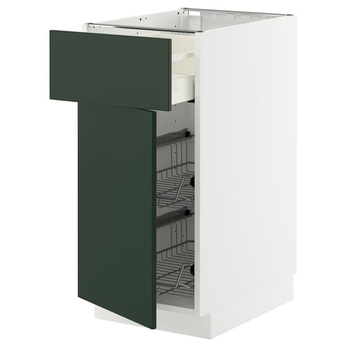 METOD kitchen cabinets: white with green drawer & wire baskets
