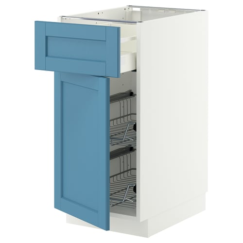 A white METOD kitchen cabinet with a blue drawer and door, featuring internal wire baskets for storage.