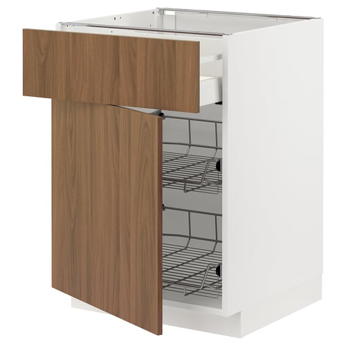 An open white METOD kitchen cabinet with wooden drawers and wire racks.