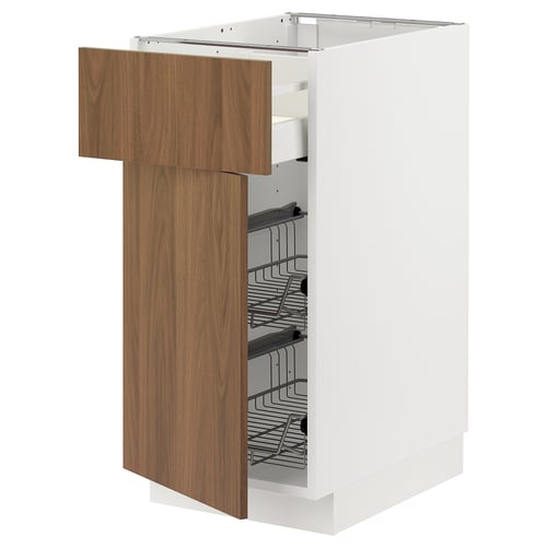 METOD kitchen cabinet, white & walnut, wire shelves, medium, 2-door, modern.