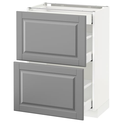 White and grey kitchen cabinet with two drawers. Modern design with smooth surfaces and soft-close drawers.