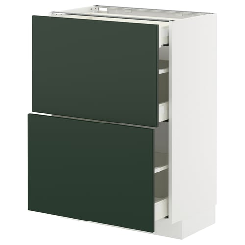A METOD kitchen cabinet with green havstorp fronts. It two drawers on a white base.
