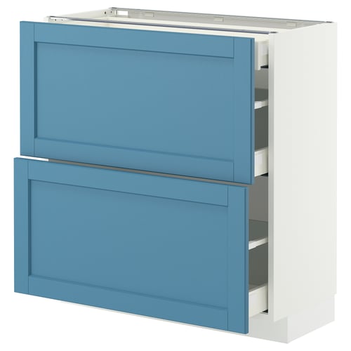 A light blue METOD cabinet with two drawers and white edges. The cabinet a modern and simple design.