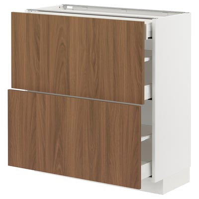 METOD / MAXIMERA Base cab with 2 fronts/3 drawers, white/Tistorp brown walnut effect, 80x37 cm