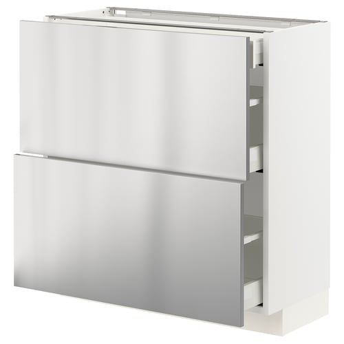 A white METOD kitchen cabinet with stainless steel doors and drawers. It has a sleek, modern design.