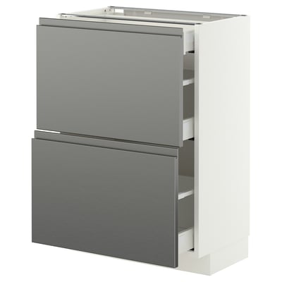 METOD / MAXIMERA Base cab with 2 fronts/3 drawers, white/Voxtorp stainless steel effect, 60x37 cm