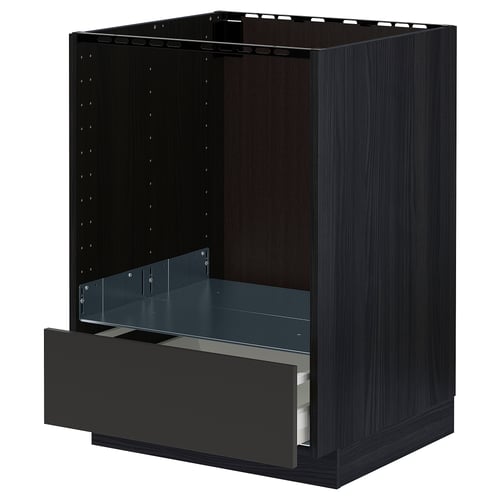 METOD black kitchen cabinet with one open drawer, modern design.