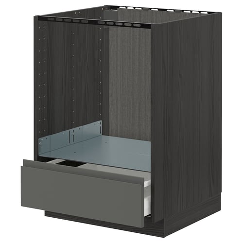 Dark grey ikea METOD kitchen unit with one open drawer, black wood finish.