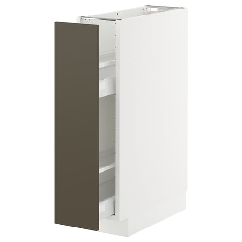 A white METOD kitchen cabinet with a dark brown door, fiberboard, featuring a sleek, rectangular design with a pull-out drawer.