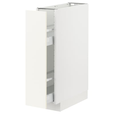 White METOD kitchen cabinet with vallstena fronts. Rectangular, sleek, modern design. Made of particleboard and steel, includes pull-out shelves.