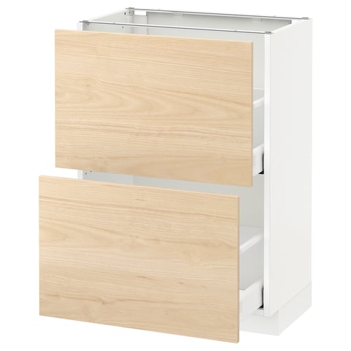 White METOD kitchen cabinet with two light ash drawers, partially open, on a white background.