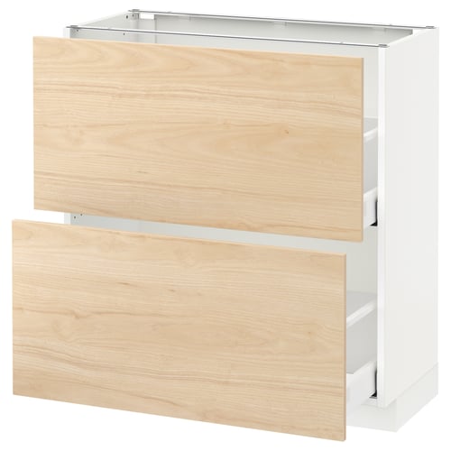 A white METOD kitchen cabinet with two light ash wood-patterned drawers.
