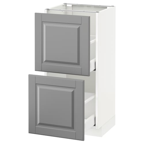 White METOD cabinet with grey bodbyn drawers and bevelled edges.