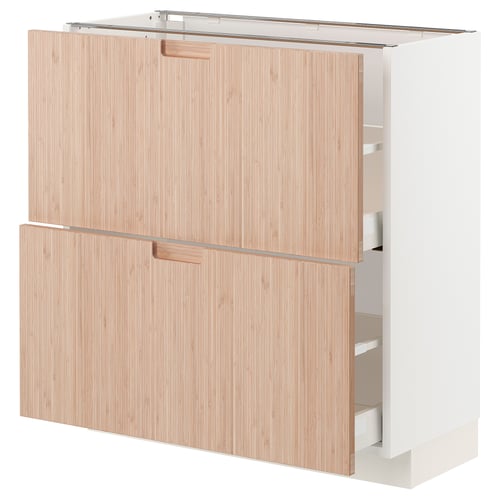 White and light wood cabinet with two doors and two drawers; minimalist, modern design.