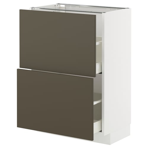 Modern kitchen cabinet with dark brown drawers, white frame, square shape, and sleek design.