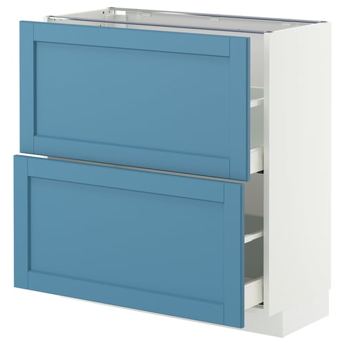 A METOD cabinet in blue with two drawers, white frame, and sleek design.