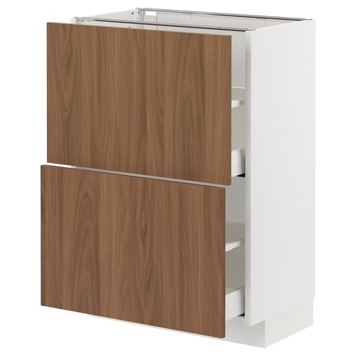 Modern white kitchen cabinet with two large walnut-brown wood drawers. Sleek, vertical design with self-closing drawers.