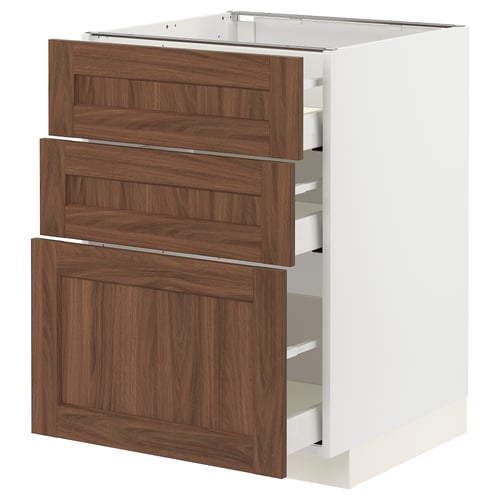 A modern white kitchen cabinet with three large brown wooden drawers on a white background. The drawers appear sleek and well-organized.