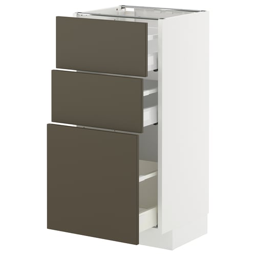 White ikea METOD kitchen unit with 3 dark brown drawers, sleek modern design.