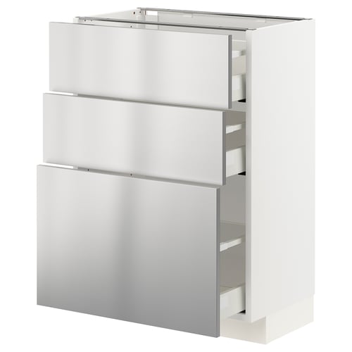Modern white METOD kitchen cabinet with stainless steel handles and pull-out drawers.