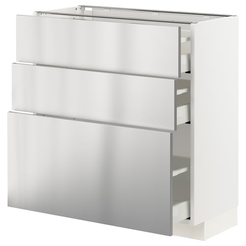 A white METOD kitchen unit with stainless steel drawers, featuring a sleek, modern design.