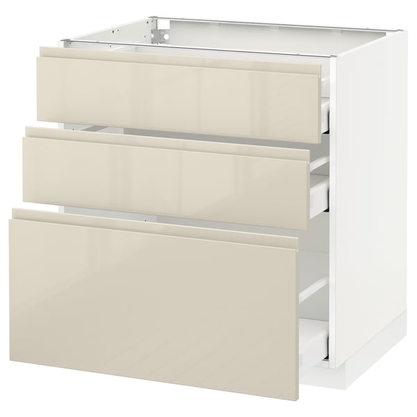 METOD / MAXIMERA Base cabinet with 3 drawers, white/Voxtorp high-gloss light beige, 80x60 cm