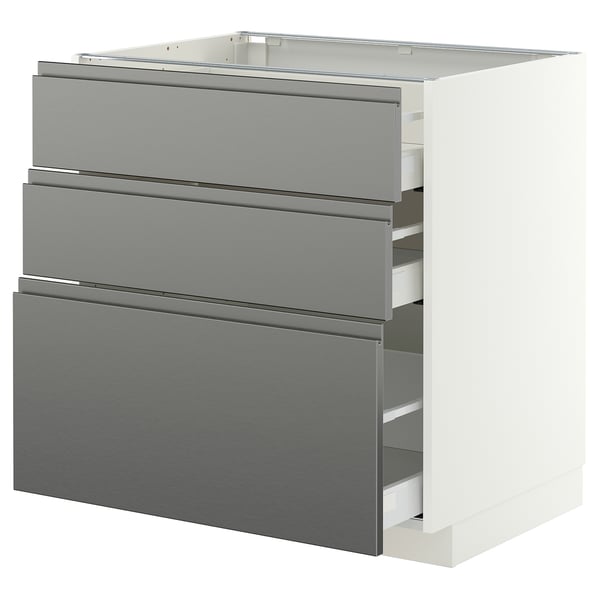 METOD / MAXIMERA Base cabinet with 3 drawers, white/Voxtorp stainless steel effect, 80x60 cm