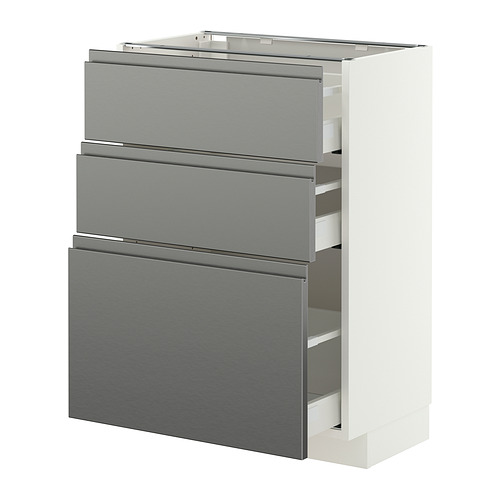 METOD / MAXIMERA Base cabinet with 3 drawers, white/Voxtorp stainless steel effect, 60x37 cm
