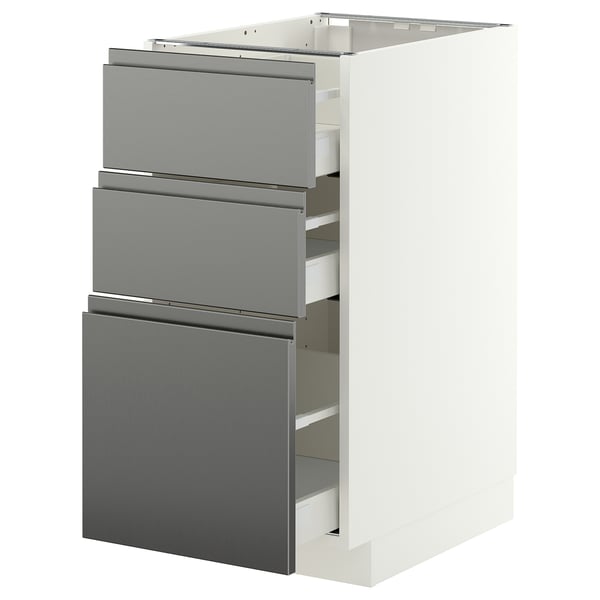 METOD / MAXIMERA Base cabinet with 3 drawers, white/Voxtorp stainless steel effect, 40x60 cm