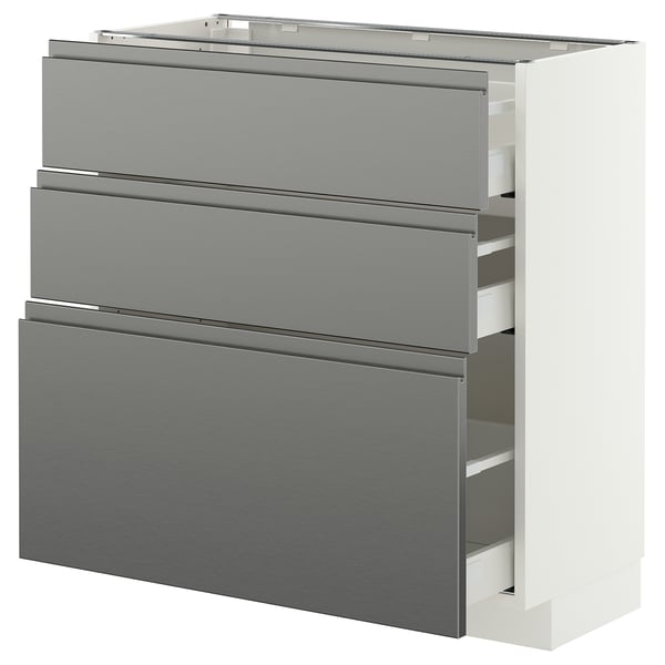 METOD / MAXIMERA Base cabinet with 3 drawers, white/Voxtorp stainless steel effect, 80x37 cm