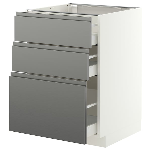 METOD / MAXIMERA Base cabinet with 3 drawers, white/Voxtorp stainless steel effect, 60x60 cm