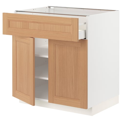 METOD kitchen unit with vedhamn oak drawers and doors, white base, three compartments, adjustable shelves.
