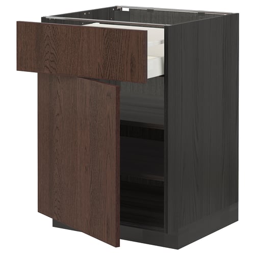 A dark wooden kitchen cabinet with drawer open, showcasing a modern design. A sturdy frame, smooth-running drawer, and adjustable shelves.