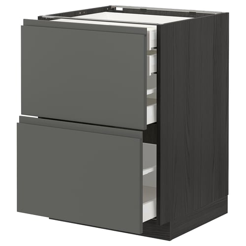 Modern kitchen unit: METOD with dark grey voxtorp drawers, sleek handles, & three open drawers.