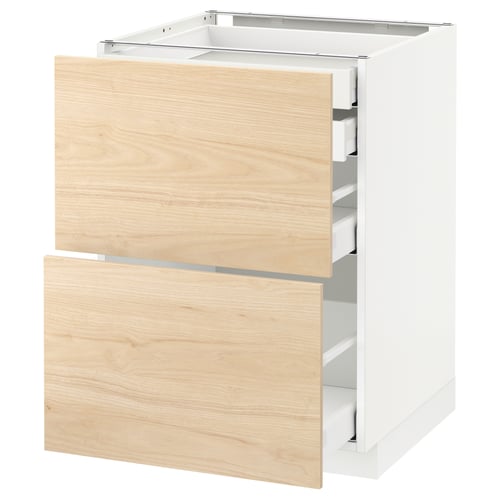 METOD kitchen unit with light ash wood drawers, white base, three drawers, modern design.
