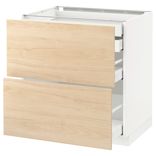 METOD kitchen unit with light ash wooden drawers and white frame, three drawers.