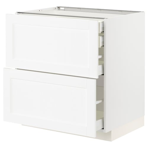 White METOD kitchen cabinet with multiple drawers, sleek design.