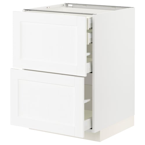An ikea METOD white kitchen cabinet unit with drawers and shelves. It has a clean, classic design with subtle wood grain texture.