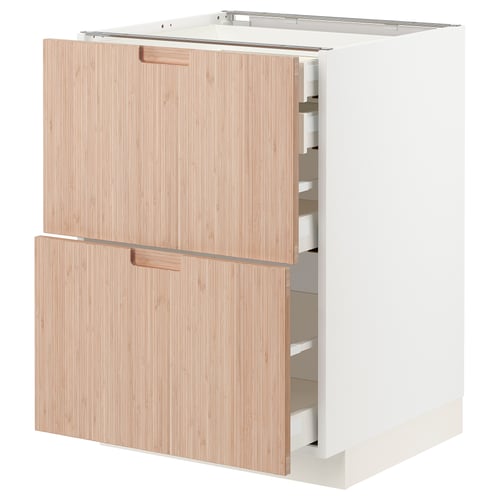 Modern kitchen cabinet with bamboo drawers, white frame, sleek design.