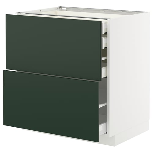 Modern kitchen storage unit, white & deep green, square, with multiple drawers.