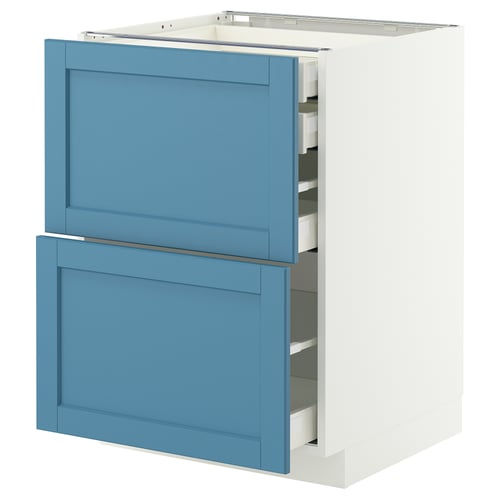 Blue kitchen cabinet with two open drawers, white frame, modern design.