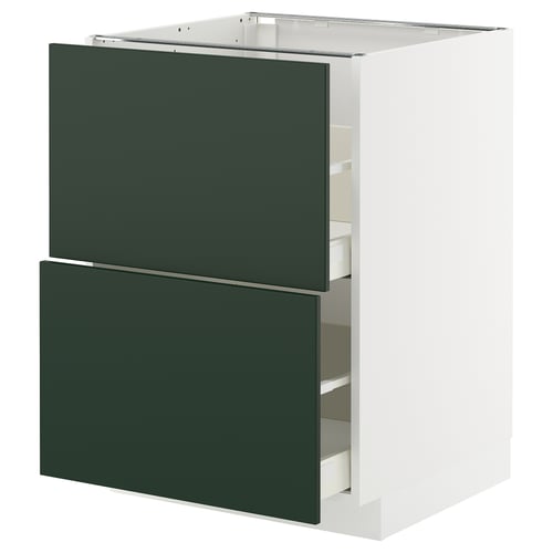 METOD kitchen cabinet with 2 green havstorp drawers, white frame; sleek, modern design.