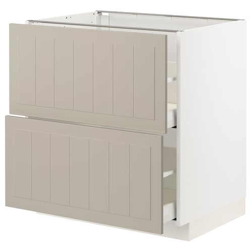 A beige METOD kitchen cabinet with two drawers and two doors, featuring a sleek, modern design.