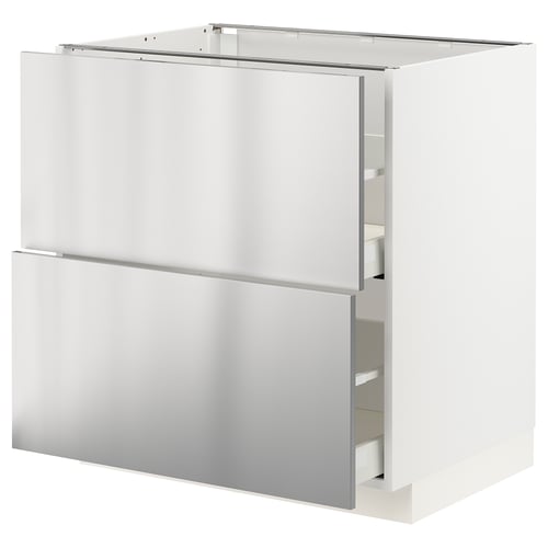 Modern white kitchen cabinet, stainless steel accents, rectangular shape, minimalist design.