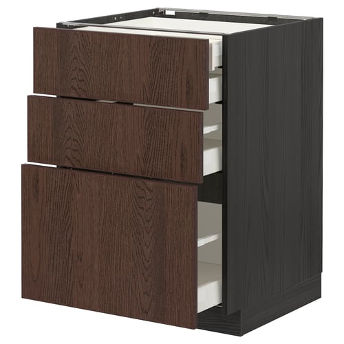 Dark brown wooden kitchen cabinet with three open drawers, sleek design by IKEA.
