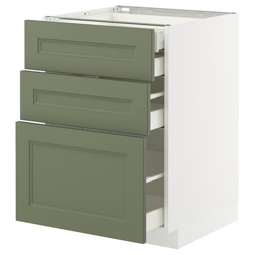 METOD kitchen storage unit, green, three drawers, white frame, sleek design.