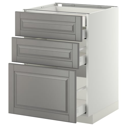 A soft grey METOD kitchen cabinet with bevelled edges and three drawers. It has a frame structure and a modern design, ideal for storage.